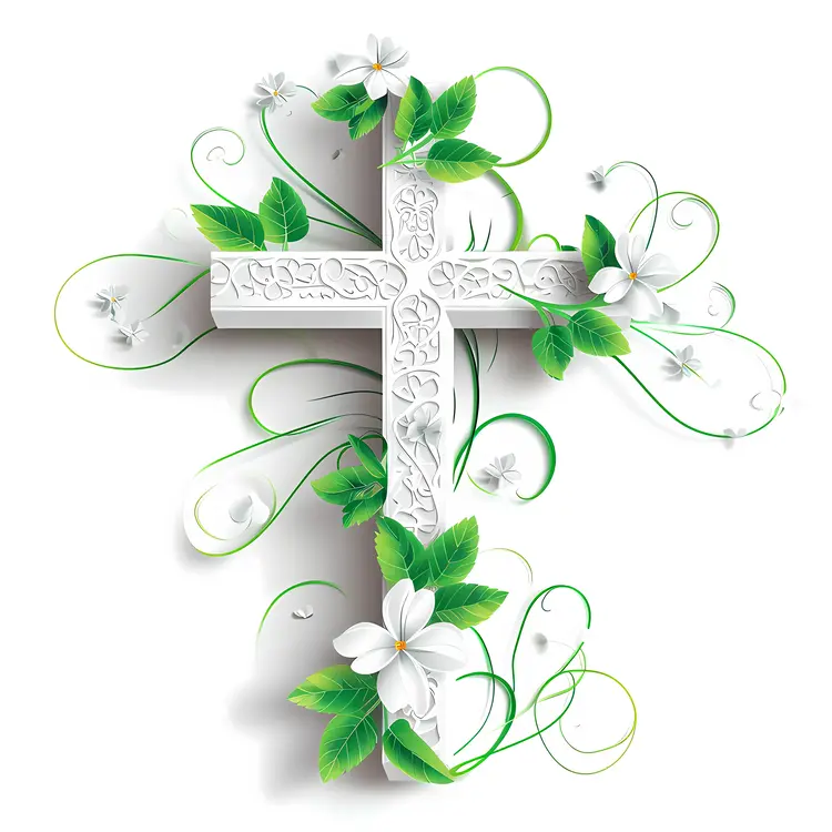 White Cross with Green Leaves and Flowers