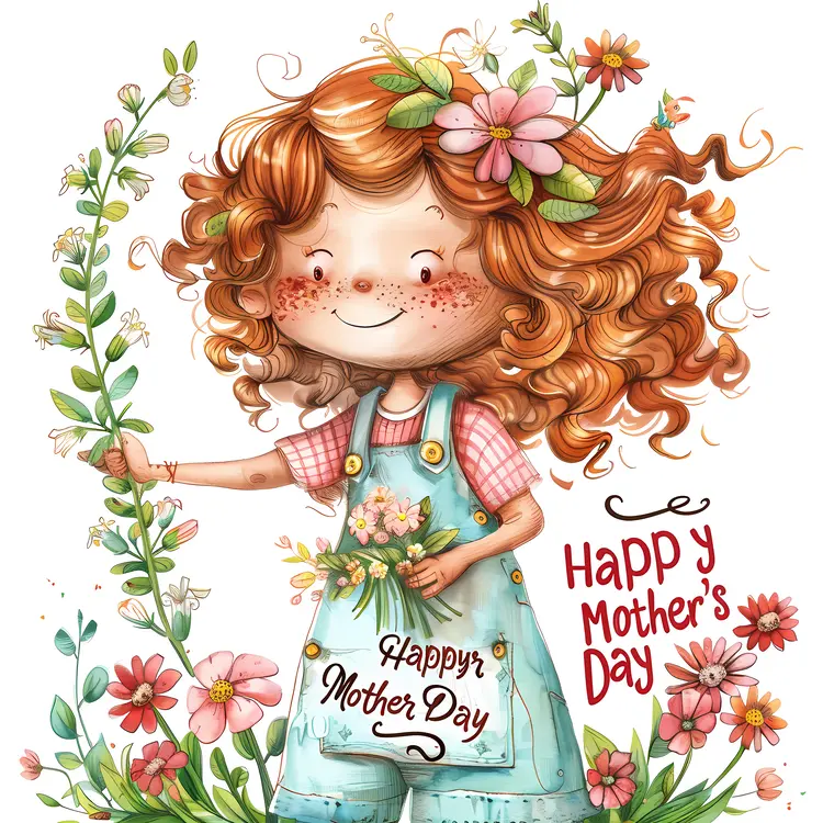 Happy Mother's Day Card with Cute Girl and Flowers