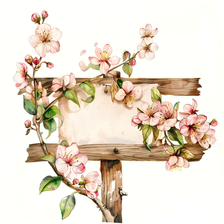 Rustic Wooden Sign with Pink Blossoms