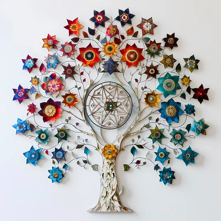 Decorative Tree with Colorful Flowers and Stars