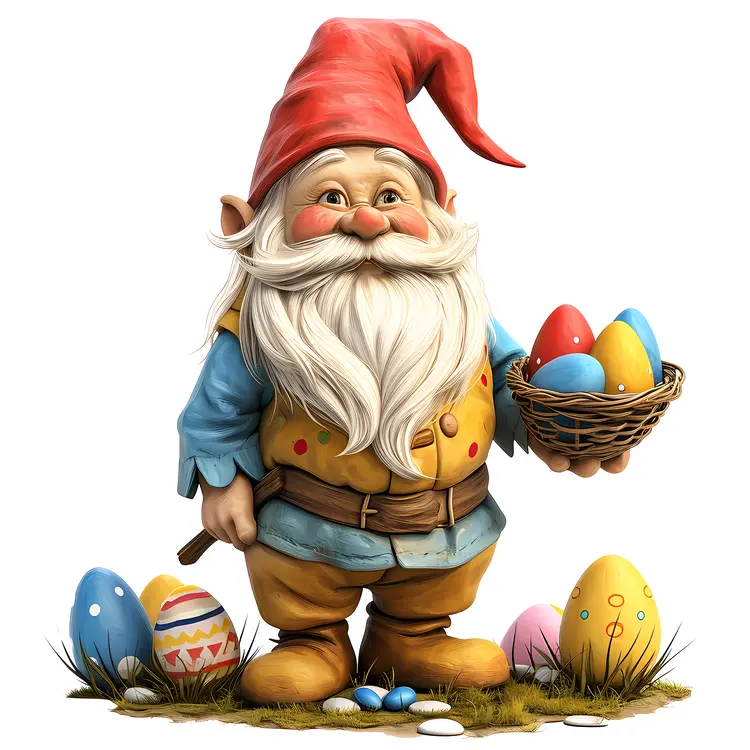Gnome with Basket of Colorful Easter Eggs
