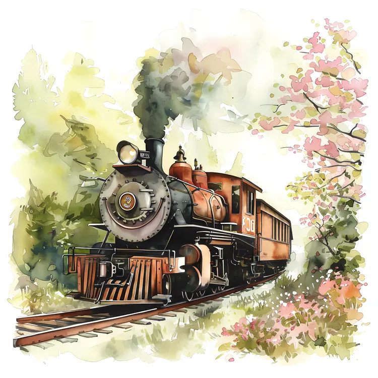 Vintage Black Steam Train with Cherry Blossoms