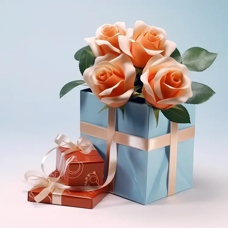 Gift Box with Orange Roses and Ribbon