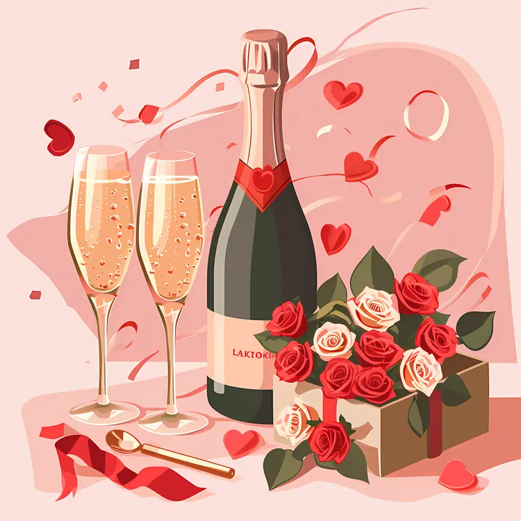 Champagne Bottle and Roses with Two Glasses