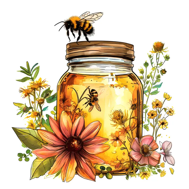 Honey Jar with Bees and Flowers