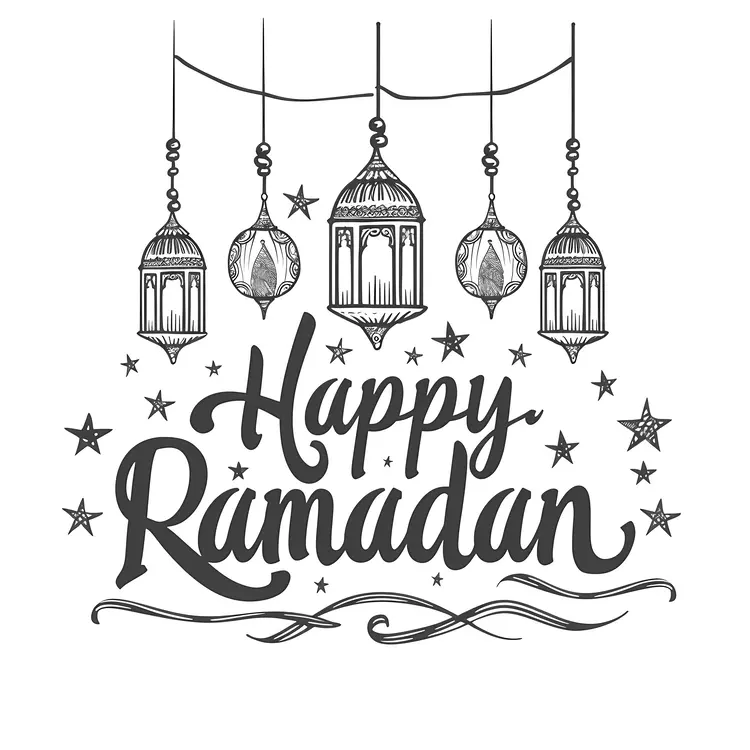 Black and White Happy Ramadan Greeting with Hanging Lanterns