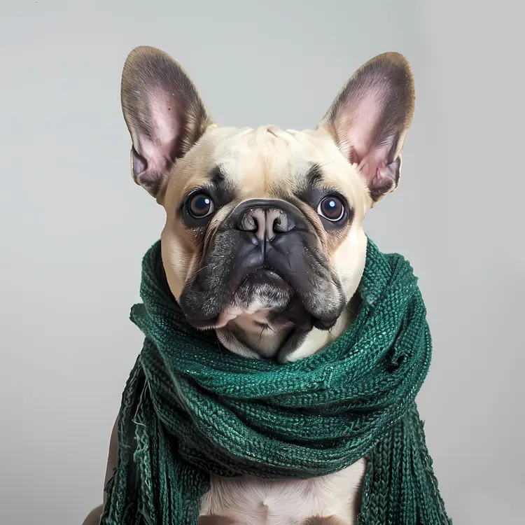 French Bulldog with Green Knitted Scarf