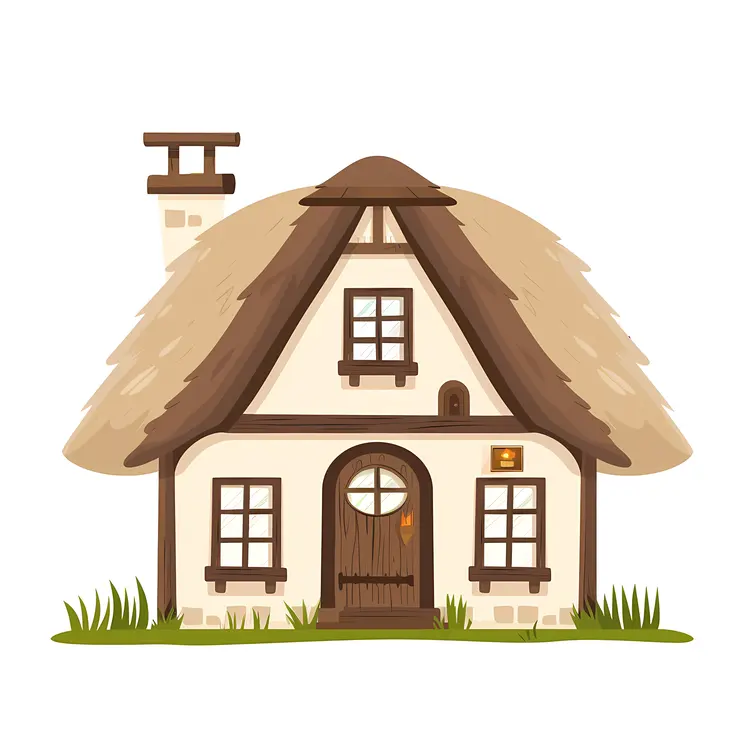 Cottage with Thatched Roof and Chimney