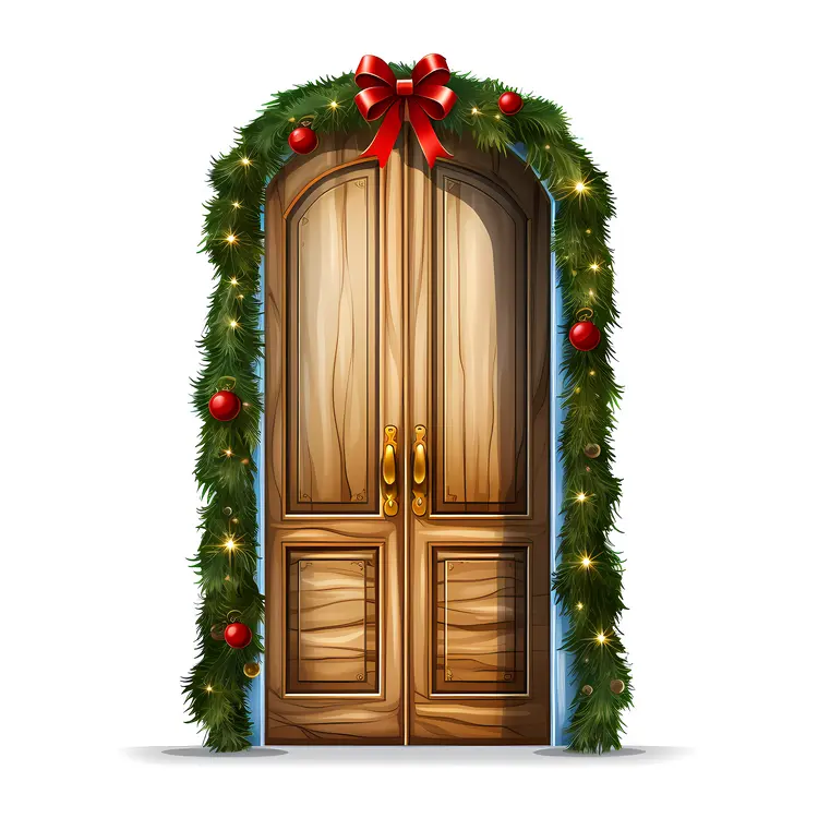 Decorated Door with Garland and Lights