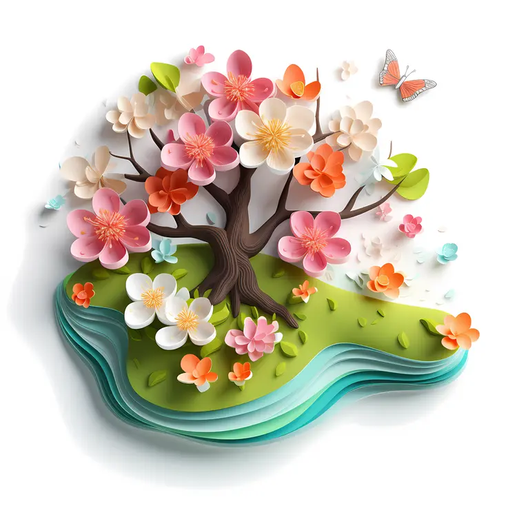 Colorful Tree with Flowers and Butterflies