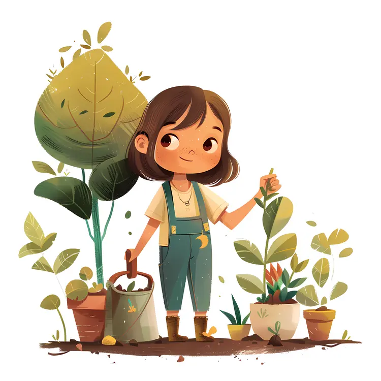Cute Gardener Girl with Plants