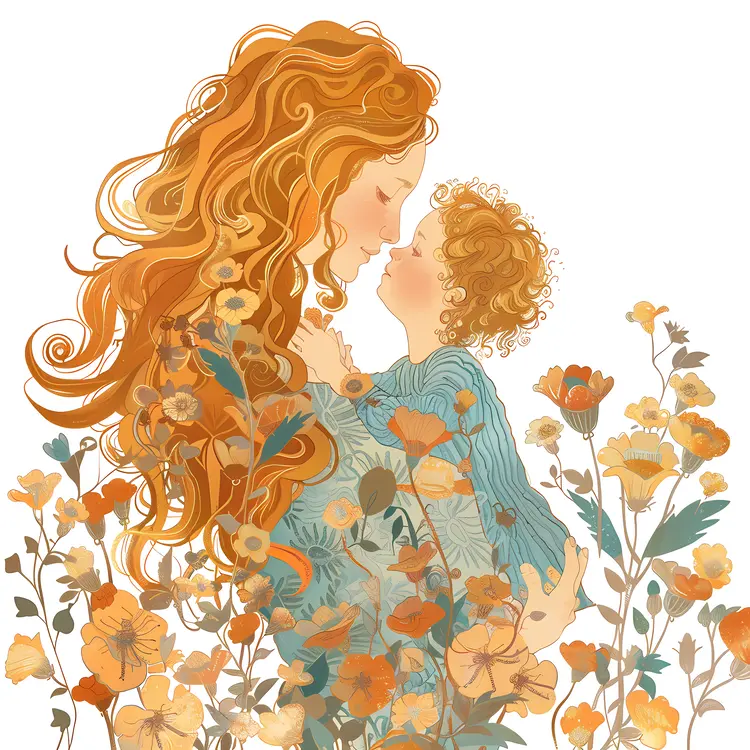 Mother and Child with Red Hair and Flowers