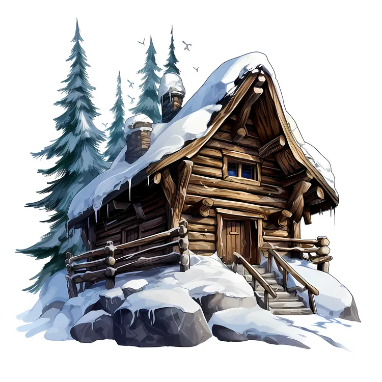 Rustic Log House in Snowy Woods
