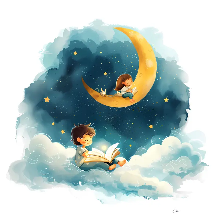 Children Reading on the Moon