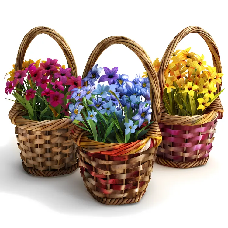 Colorful Flowers in Three Baskets