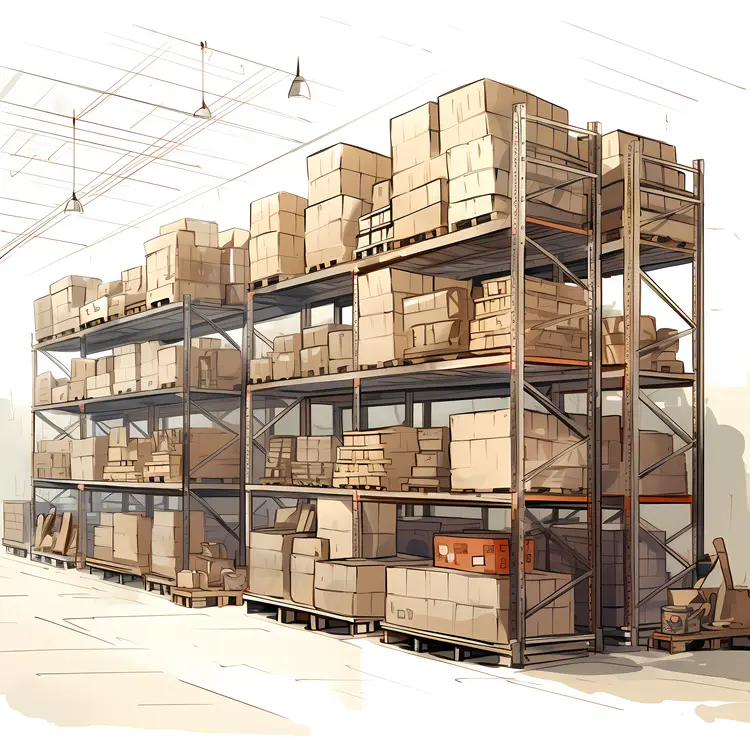 Warehouse Shelves with Boxes and Pallets
