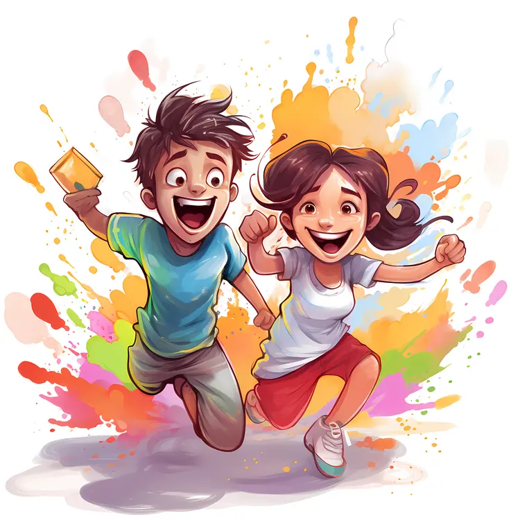 Happy Cartoon Kids with Colorful Splash