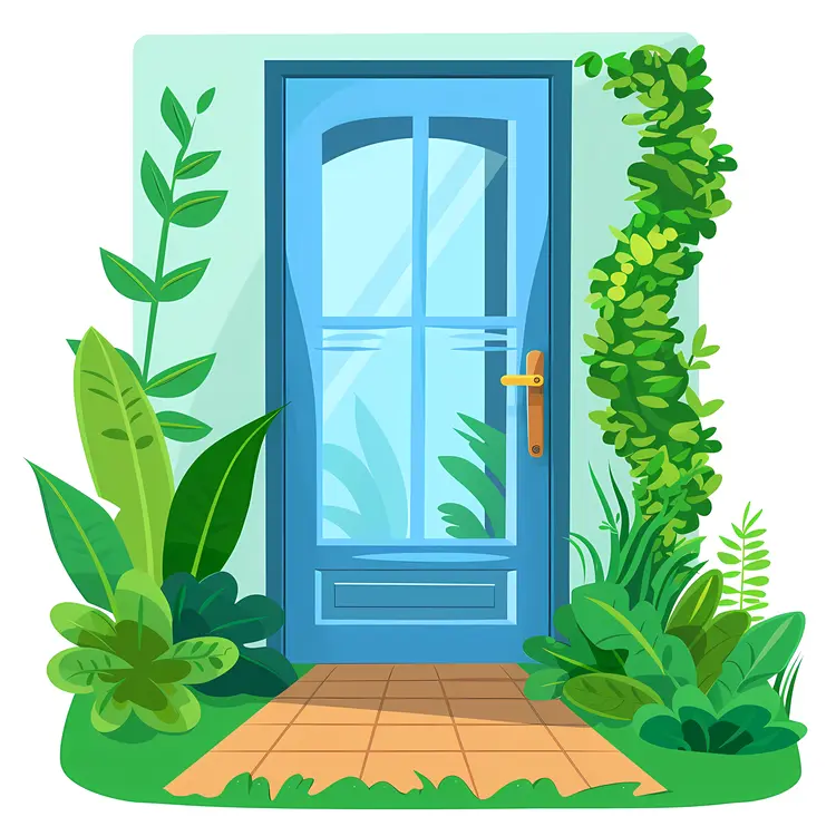 Closed Door with Green Plants