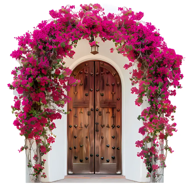 Elegant Wooden Door with Pink Bougainvillea Arch