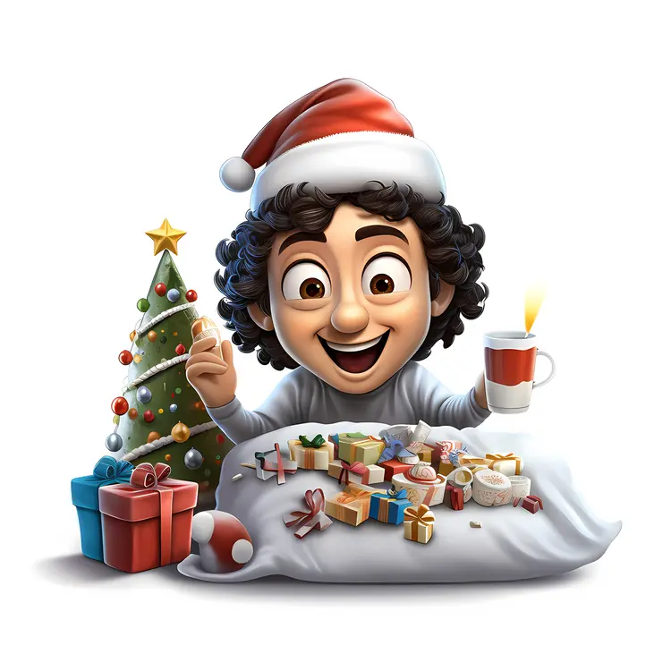 Happy Person with Gifts and Christmas Tree