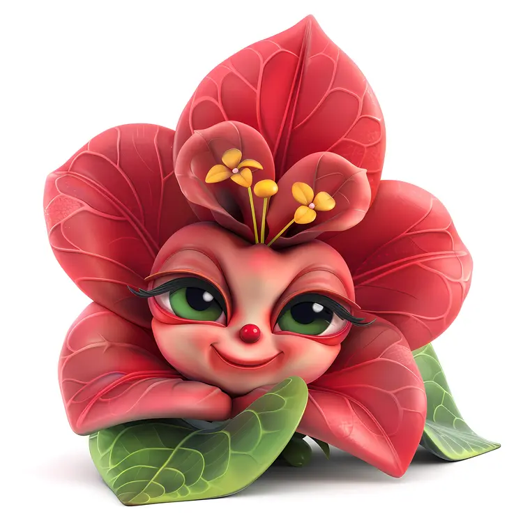 Smiling Red Flower with Leaves