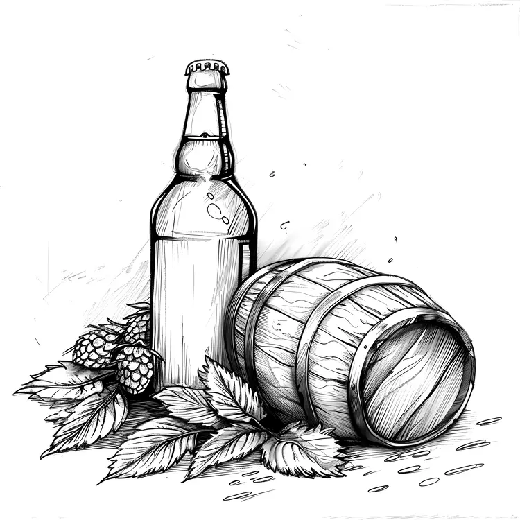 Black and White Drawing of Beer Bottle and Barrel
