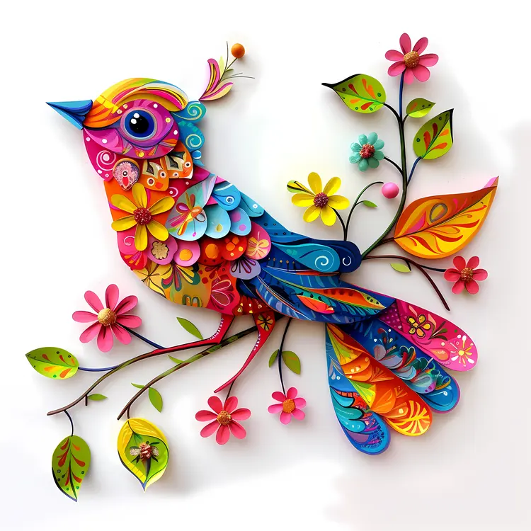 Colorful Bird with Floral Elements
