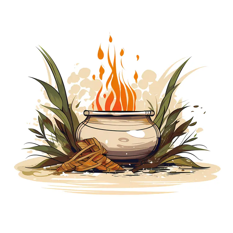 Cooking Pot with Flames and Leaves
