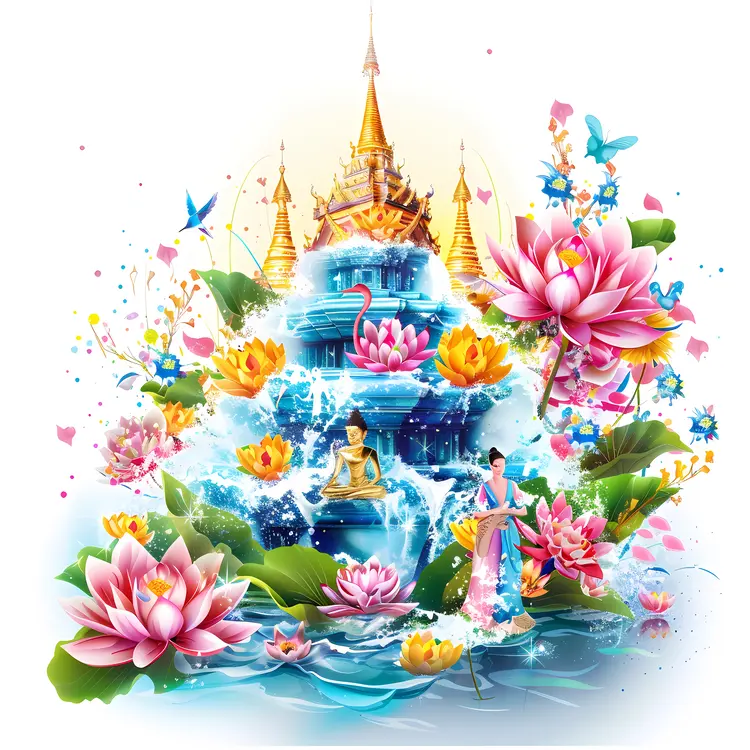 Beautiful Temple and Lotus Flowers