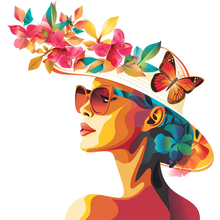 Woman with Hat and Flowers in Colorful Illustration