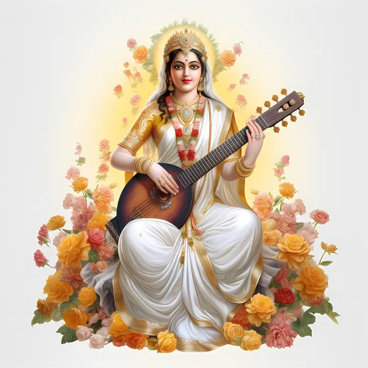 Traditional Woman Playing Veena with Flowers