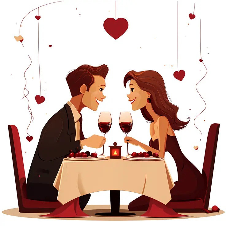 Couple Dining with Wine in a Heart-themed Setting