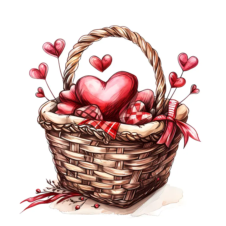 Pink Hearts in Wicker Basket for Valentine's Day