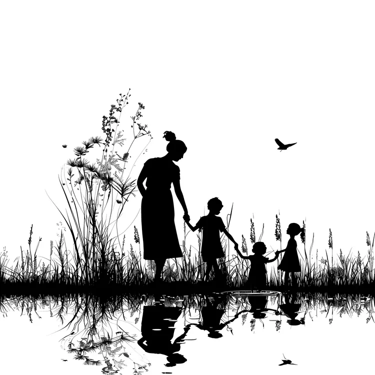 Silhouette of a Family Holding Hands by a Lake