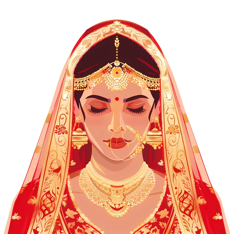 Close-up of Traditional Indian Bride in Red and Gold Attire