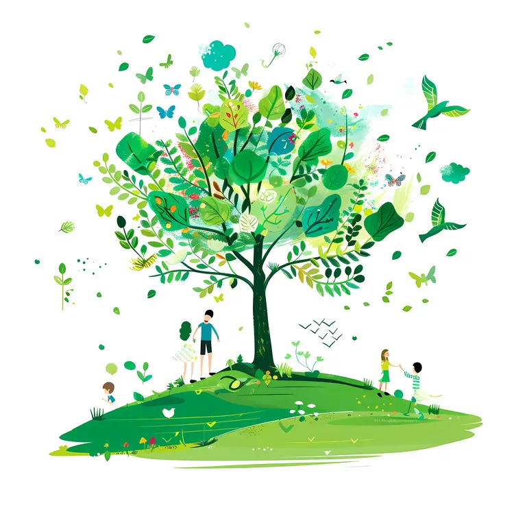 Illustrated Tree with People and Nature