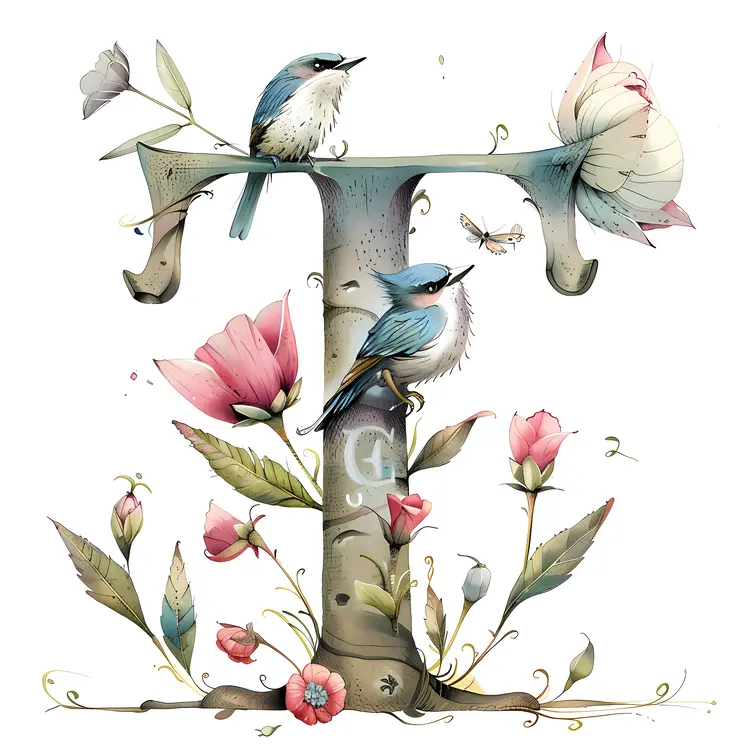 Floral and Bird Decorated Letter T