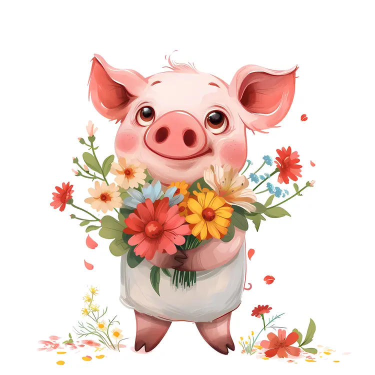 Cute Piglet Holding a Bouquet of Flowers