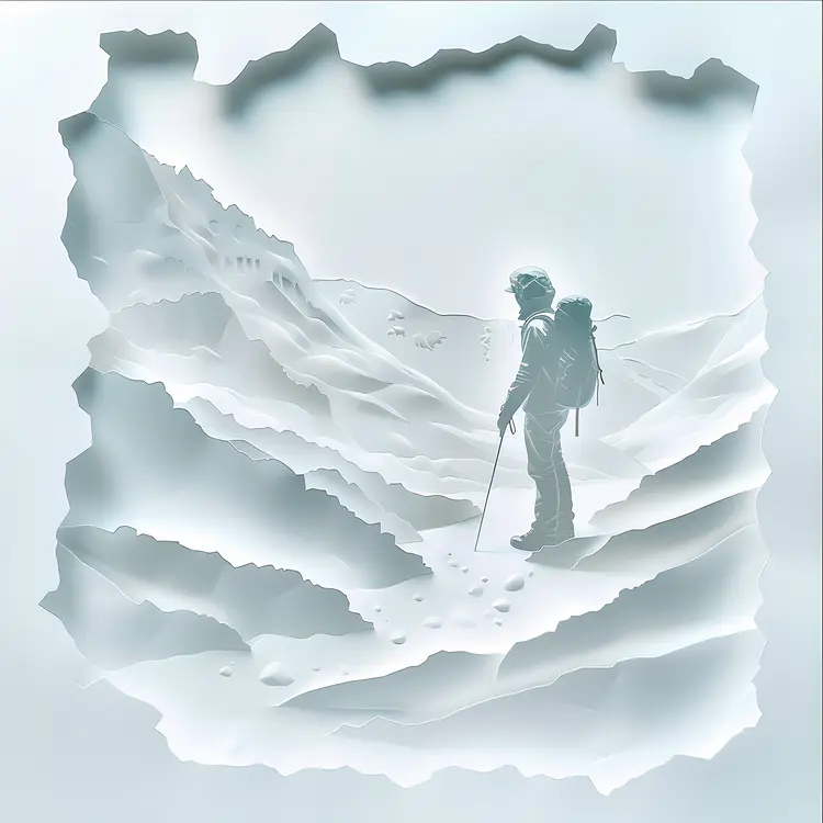 Paper Cut Hiker in Snowy Landscape