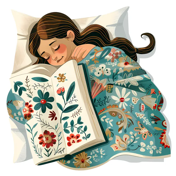 Girl Reading a Book in Bed with Floral Blanket
