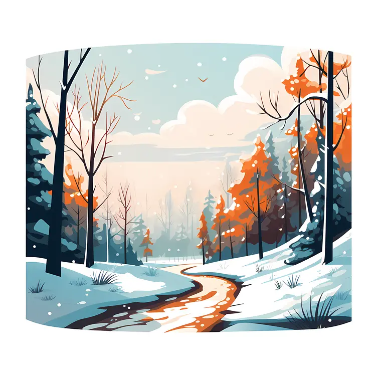Snowy Landscape with Autumn Trees