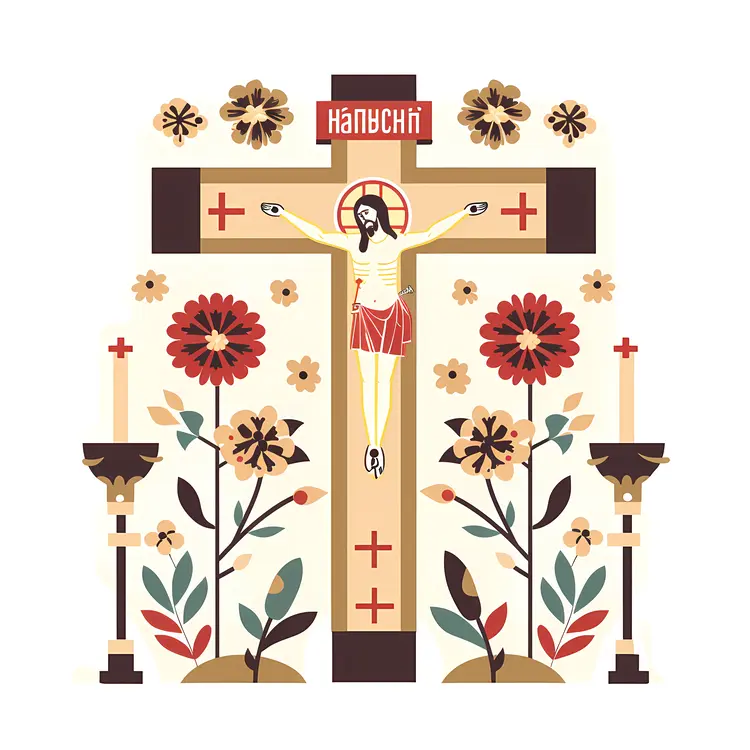 Crucifix with Flowers and Candles Illustration