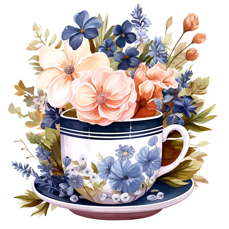 Pink and Blue Flowers in a Cup with Saucer