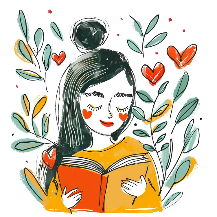 Girl Reading Book with Leaves and Hearts