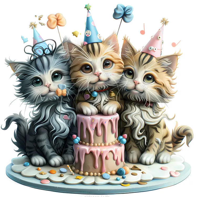 Three Kittens Celebrating with Cake