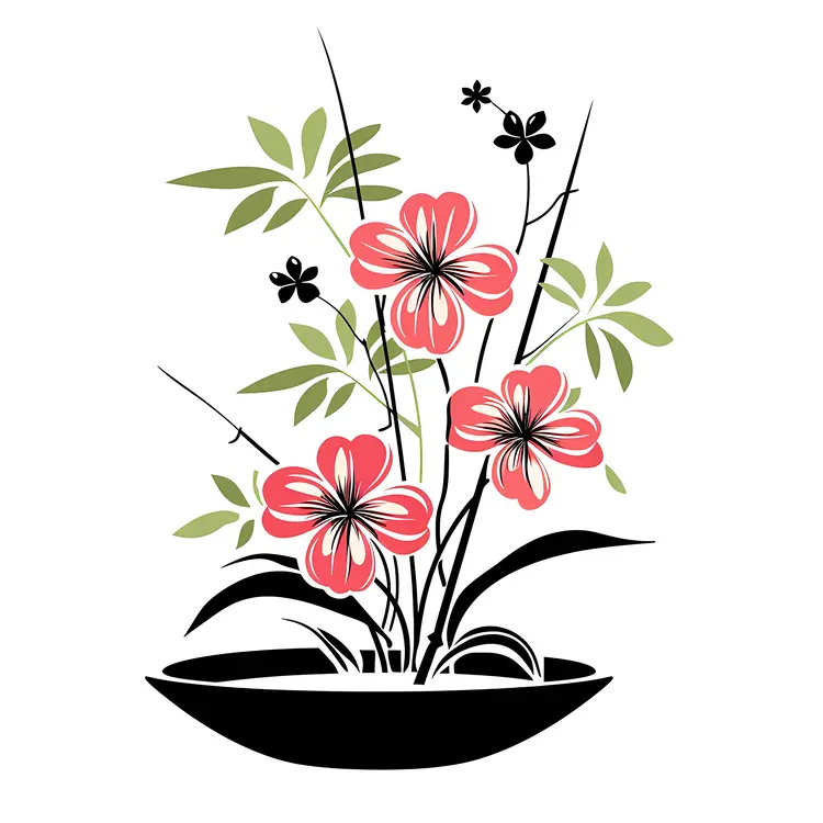 Pink Flowers Illustration with Green Leaves