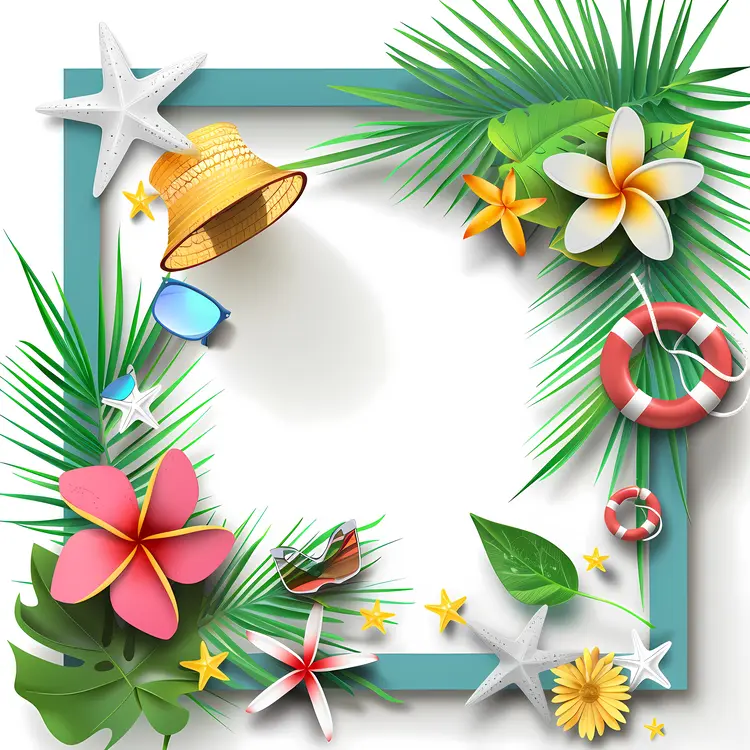 Tropical Summer Frame with Flowers and Hat