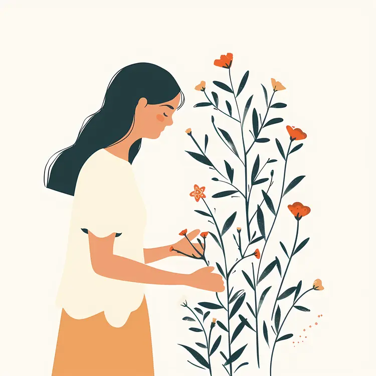 Girl Tending to Flowers Illustration