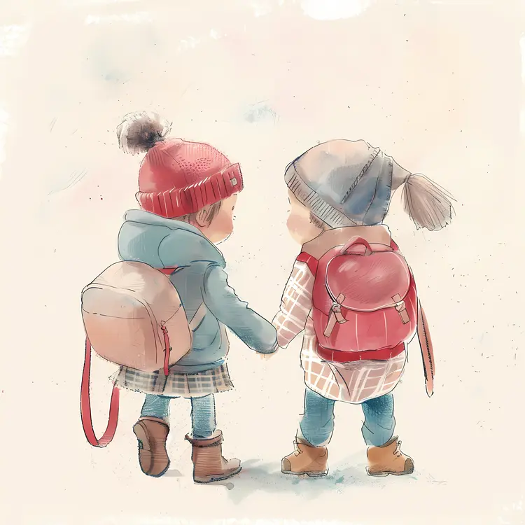 Cute Children with Backpacks Holding Hands