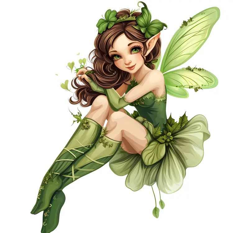 Green Fairy Sitting with Shamrock